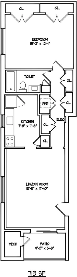 1 Bed, 1 Bath, 713 SF